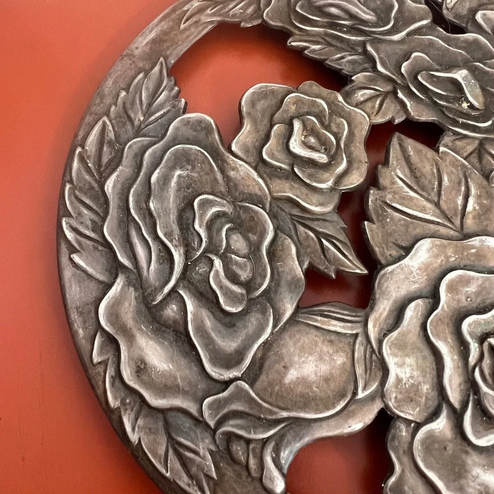 Vintage Silver Tone Metal Rose Floral Trivet Round Hot Plate 8 Inch Cottagecore